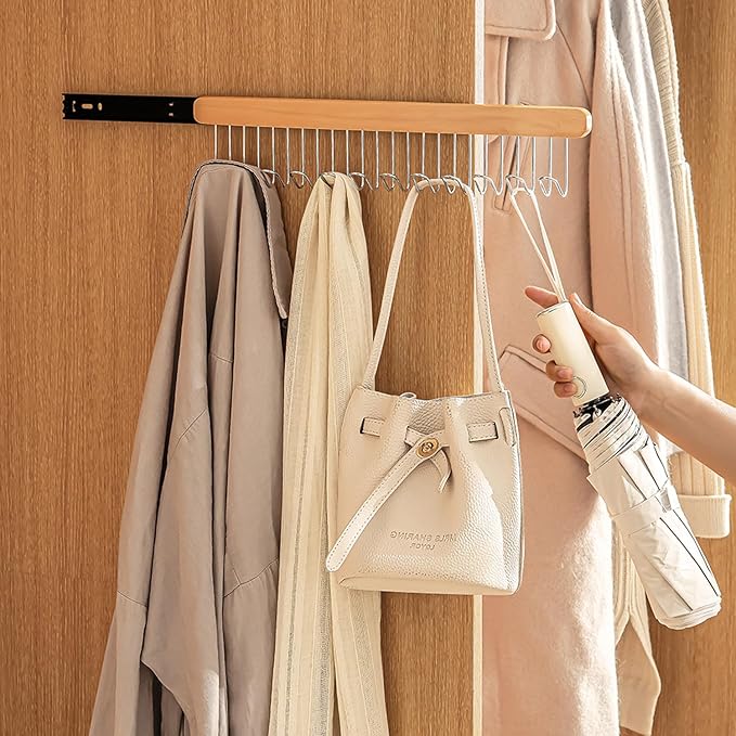 Pull Out Bra Hanger for Closet, Sliding Hooks Rack for Belt Ties Tank Top Scarf Jewelry, Space Saving Organizr for Wardrobe Cabinet, Right Side 12 Hooks Rail, 2 Pcs