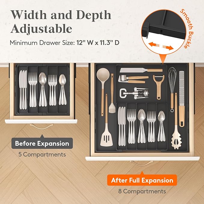 Lifewit Silverware Drawer Organizer, Expandable Utensil Tray for Kitchen, BPA Free Flatware and Cutlery Holder, Adjustable Plastic Storage for Spoons Forks Knives, 5-8 Slots, Black