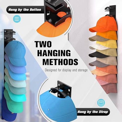 Hat Hook for Wall, 2 Pack Hat Organizer Hold up to 20 Hats, Hat Rack for Wall with Strong Adhesive, Hat Rack for Door Closet, Multi-Tier Hat Organizer, Two Mounting Options (Black)