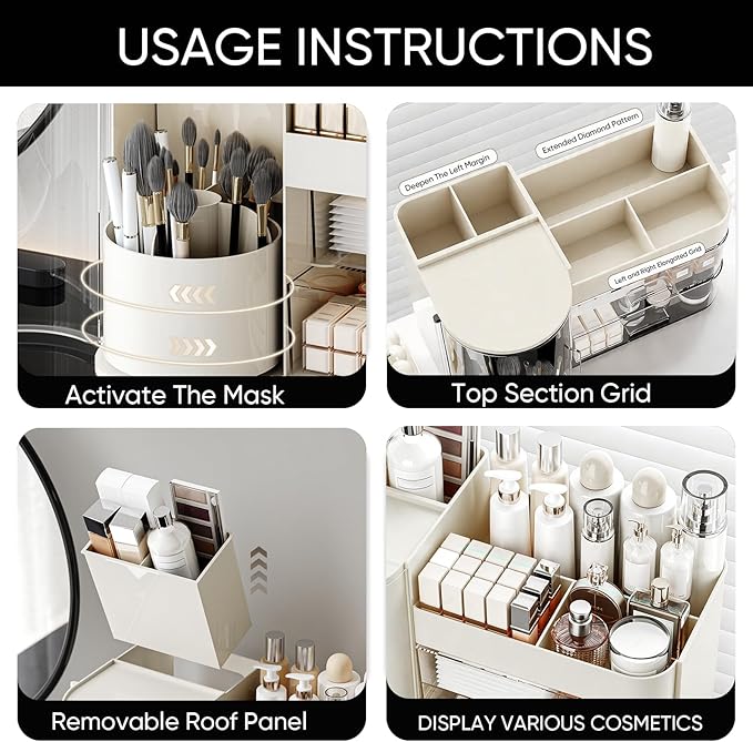 Makeup Organizer,Rotating Cosmetic Storage Organizer with Drawers,Large Capacity Makeup Brush Holder,Skincare Vanity Organizer for Bathroom Countertop, White
