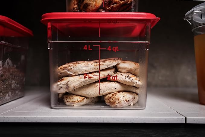 Cambro Food Storage Container with Lid - 6 QT (Quart) Square, Classic Series with Red Lid, Commercial Grade for Food Prep, Clear, 2 Pack