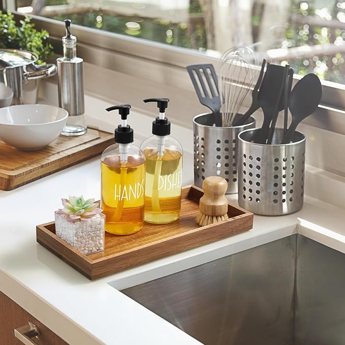 ALELION 13" Bathroom Vanity Tray for Counter - Acacia Wood Decorative Tray for Toilet Tank Makeup Perfume Jewelry Catchall Coffee Table - Wooden Kitchen Countertop Organizer for Soap Dispenser