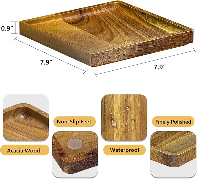 WEENSON Square Acacia Wood Bathroom Vanity Tray for Soap Dispenser, Toiletries, Makeup, Perfume, Decor, Kitchen Tray for Counter Salt Spice, Toilet Tank Tray for Candle, Nightstand 7.9"x7.9"