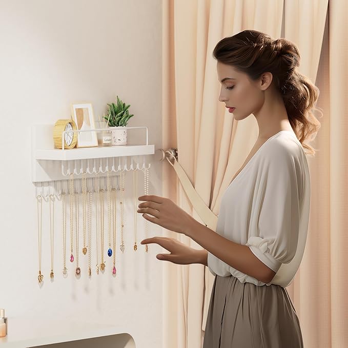 Lolalet Necklace Holder Hanging Necklace Organizer Wall Mounted Jewelry Organizer with 28 Hooks and Perfume Shelf, Wood Necklace Hanger Rack for Bracelets -White