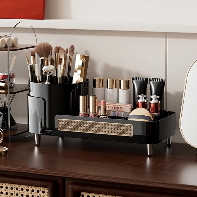 Rotating Large Capacity Cosmetic Display Case,Bathroom Counter Organizer Countertop Storage,Cosmetics Skincare Shelf Organizer (Black, XM)