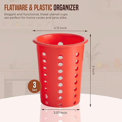 OCS Parts Perforated Utensil Drying Cups | Red | Set of 3 | Plastic Flatware Holder Cylinders for Kitchen Counter Organization