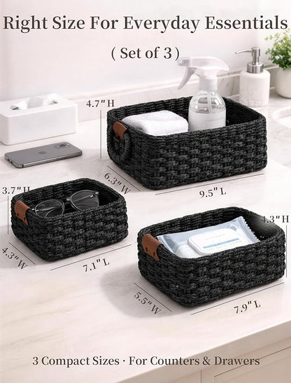 Storage Basket, Recycled Paper Rope Bathroom Basket Organizer, 3Pcs Small Baskets for Organizing, Mini wicker Basket for Decorative Storage Bins, Shelves, Bathroom, Cabinet - Black