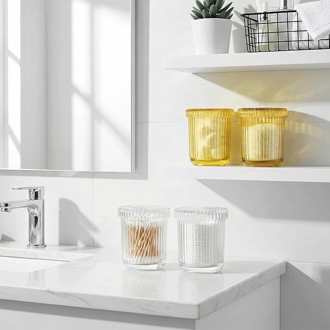 2 Pack Qtip Holder - Apothecary Jars with Lids, Bathroom Organizers and Storage Canister for Cotton Balls,Swabs,Floss Picks,Hair Ties,Clear Glass Vintage Bathroom Decor Jar Set (yellow)