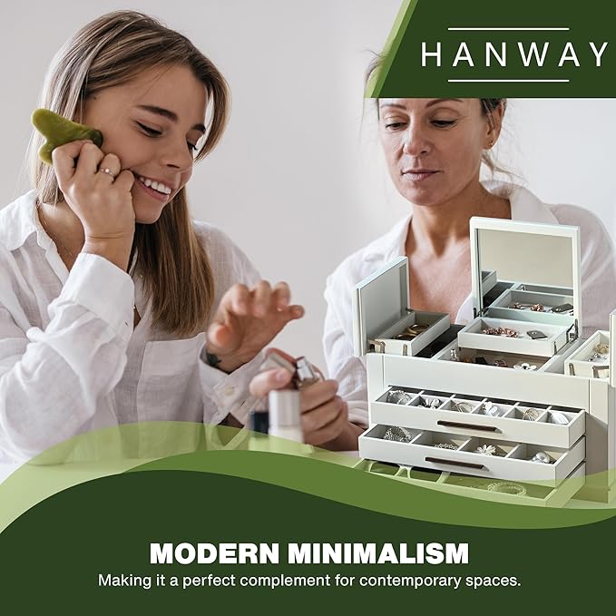 Hanway 4 Layers Wooden Jewelry Box Organizer for Women, with multiple compartments, featuring interior mirror & tray for necklaces, earrings, bracelets, glasses, and rings (white)