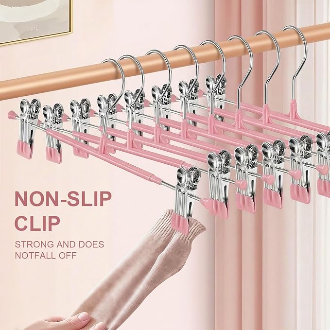 POZEAN Pants Hangers with Clips for Women 50 Pack, 12Inch Adjustable Heavy Duty Skirt Hangers, Space Saving Non-Slip Shorts Jeans Trousers Clothes Hangers, Pink