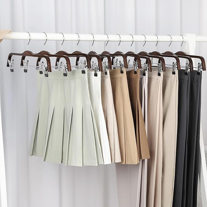 TOPIA HANGER Wooden Pants Hangers, Slim Natural Wood Skirt Hangers with Anti-Rust Hook and Adjustable Metal Clips, Perfect for Skirts, Pants, Slacks-20 Pack-CT17A20