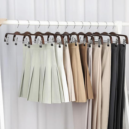 TOPIA HANGER Wooden Pants Hangers, Slim Natural Wood Skirt Hangers with Anti-Rust Hook and Adjustable Metal Clips, Perfect for Skirts, Pants, Slacks-20 Pack-CT17A20