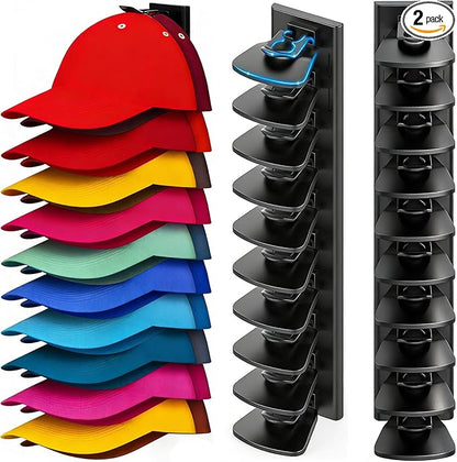 Double Capacity Hat Organizer for Baseball Caps 2 Packs - 40 Cap Storage with Spring Clips, Wall Mount Closet & Door Hat Rack Holder Hanging (Strong Adhesive & Screws Included) Matte Black