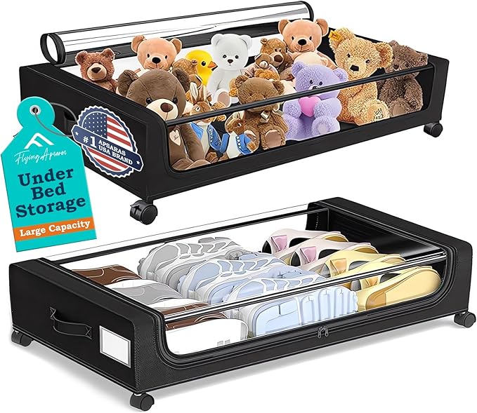 APSARAS USA Under Bed Storage with Wheels, Underbed Storage with Wheels and Clear Window, Rolling Drawers & Bins for Shoes Clothes in Dorm Bedroom, Easy Pull-out Black 2-Pack- Space-Saving