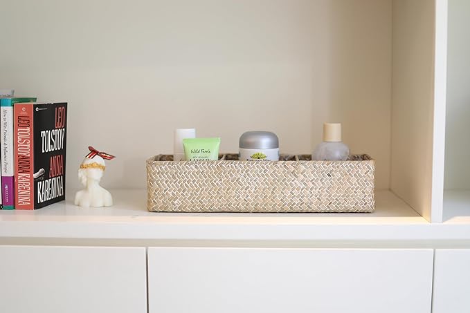 DOKOT Whitewash Seagrass Toilet Tank Basket with 3 Section, Toilet Paper Basket for Bathroom Organizing, Storage Basket for Kitchen, Dresser (16.5x5.7x3.5 inch)