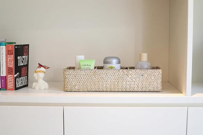 DOKOT Whitewash Seagrass Toilet Tank Basket with 3 Section, Toilet Paper Basket for Bathroom Organizing, Storage Basket for Kitchen, Dresser (16.5x5.7x3.5 inch)