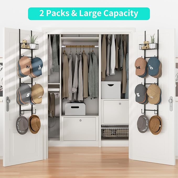 HapiRm Over Door Hat Rack - 2 Packs Wall Mounted Hat Holder with 6 Hooks and Metal Basket Design, Baseball Cap Organizer Storage Up to 32 Caps for Door, Bedroom, Closet, Black