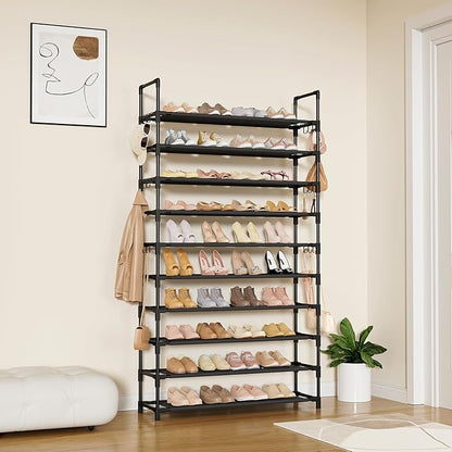 LANTEFUL Tall Shoe Rack 10 Tier Shoe Organizer Large Shoe Shelf with 18 Hooks Storage for 50 Pair, Stackable Vertical Shoe Rack Organizer for Closet, Entryway, Bedroom