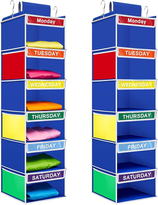 2 Pack 6 Shelves Weekly Hanging Closet Organizer 11.8 x 11.8 x 42.5 Inches Daily Activity Kids Clothes Storage Organizer Drawers Kids Hanging Cube Organizer Drawers Closet Hanging Shelves