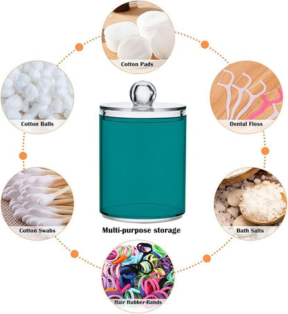 Dark Cyan Qtip Dispenser Apothecary Jars Bathroom Qtip Holder Storage Canister 10 Oz Plastic Jar for Cotton Ball Swab Round Pads Floss 2pcs