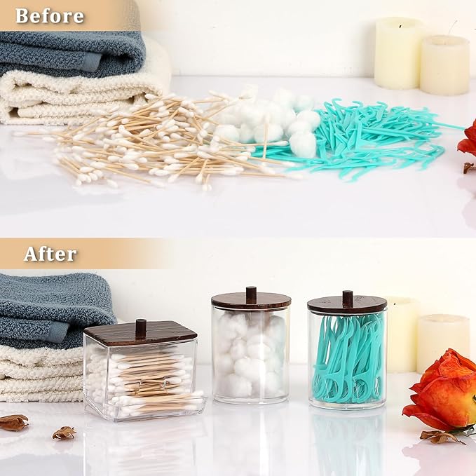 Hipiwe 3 Pack Acrylic Cotton Ball Holder Clear Qtip Holder Bathroom Canister Storage Box with Lid Apothecary Jars Makeup Organizer for Cotton Balls,Swabs,Pads,Brown