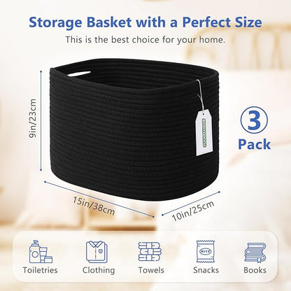ECDYQXVU Cotton Rope Storage Basket, 15x10x9 Inches, Woven Basket for Shelves, Clothes, Towels, Books, and Laundry, Black (3 Pack)