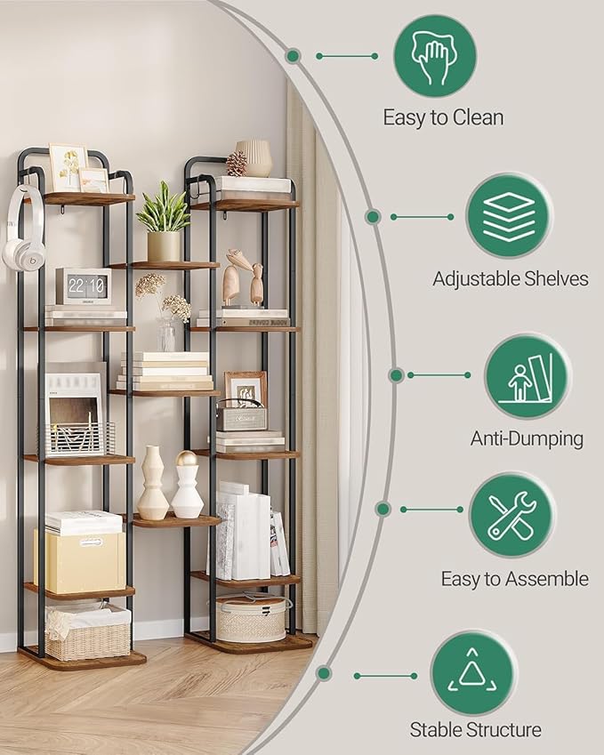 Hzuaneri 8 Tiers Vertical Shoe Rack, Narrow Shoe Tower, Tall Shoes Shelf with 2 Hooks, Adjustable Shelves, Corner Shoes Shelves for Small Spaces, Entryway, Living Room, Rustic Brown SR04301B