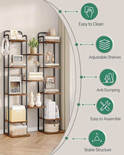 Hzuaneri 8 Tiers Vertical Shoe Rack, Narrow Shoe Tower, Tall Shoes Shelf with 2 Hooks, Adjustable Shelves, Corner Shoes Shelves for Small Spaces, Entryway, Living Room, Rustic Brown SR04301B