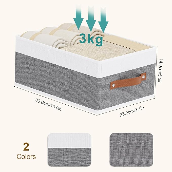 Storage Boxes, Storage Baskets with Handles, Cube Organizer Bins for Wardrobe Bedroom Laundry, 13 × 9.1 × 5.5 Inch, White and Grey, 4-Pack