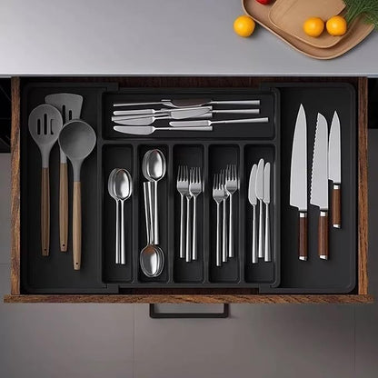Expandable Silverware Drawer Organizer - BPA Free Flatware and Cutlery Holder, Adjustable Large Plastic Storage Tray for Kitchen Spoons Forks Knives, Black
