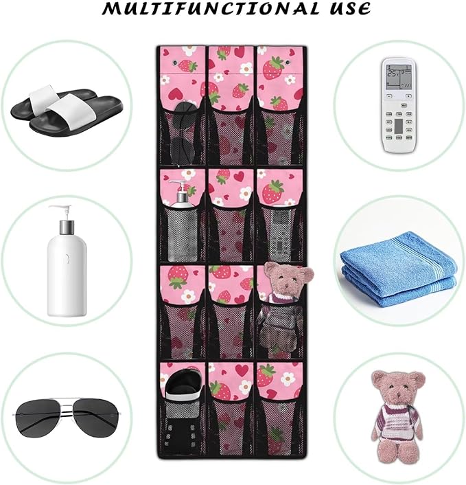 Strawberries Over The Door Shoe Organizer 12 Pockets Wall Hanging Storage Pink Over The Door Closet Organizer Large Capacity Shoe Holder Hanger for School