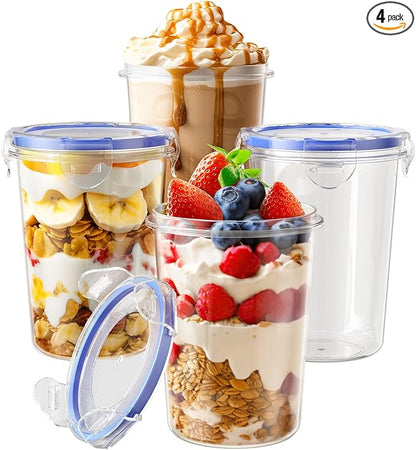 4 Pack Overnight Oats Containers with Lids, Oatmeal Container, 16oz Leak Proof Oats Jars, BPA Free, Reusable, Portable Plastic Food Storage Container for Oatmeal, Yogurt, Soup, Cereal, Milk and More