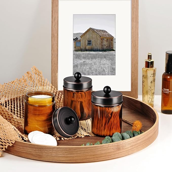 Amber Glass Qtip Holder, Apothecary Jars with ORB Metal Lid & Stickers-Bathroom Qtip Dispenser Storage Organizer Set,Vanity Counter Canister for Cotton Swabs,Round Pads,Floss (3 Pack,ORB)