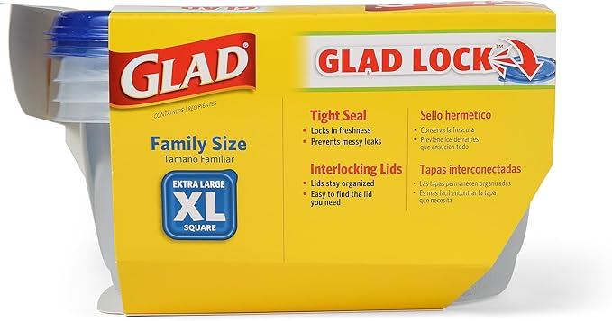 Glad GladWare XL Square Food Storage Containers with Lock Tight Lids, BPA-Free Family Size Plastic Containers for Leftovers, Meal Prep, and Freezer Storage, Dishwasher Safe, 104 Oz, 3 Count - 3 Pack
