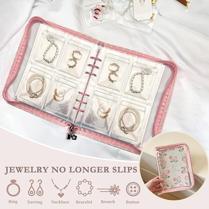 Jewelry Organizer Travel,Jewelry Storage Book with 40 Large PVC pouches,Portable Jewelry Organizer Zipper Bags for Necklaces Bracelet Rings and Earrings (front cover removable),Pink