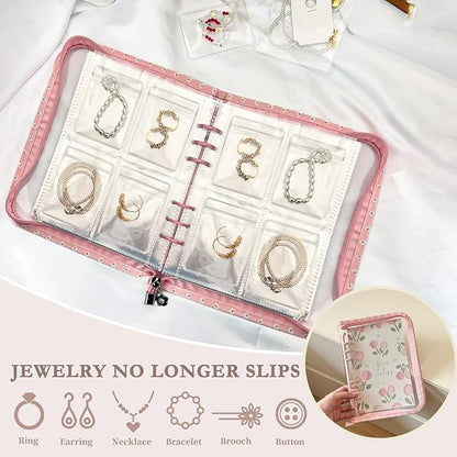 Jewelry Organizer Travel,Jewelry Storage Book with 80 Small PVC pouches,Portable Jewelry Organizer Zipper Bags for Necklaces Bracelet Rings and Earrings (front cover removable),Pink