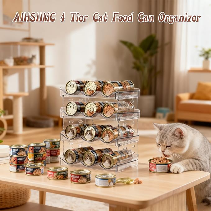 Cat Food Can Organizer, 4 Tier Can Organizer for Pantry, Transparent Acrylic Cat Food Storage Container Holds 72 (3.5oz) Cans, Can Rack Organizer for Countertop Kitchen Cabinet