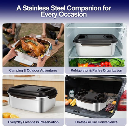QCQHDU Stainless Steel Food Storage Containers, 5500 ML/ 186 oz / 23 Cup Large Food Storage Meal Prep Containers with Airtight Lids for Roasting Turkey, Chicken, Baking Casserole, Fruits, Party