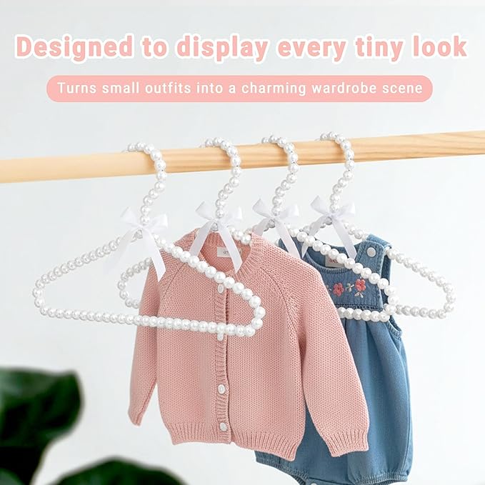Adorila 10-Pack Kids Pearl Hangers - Small Non-Slip Pearl Beaded Bow Clothes Racks - Elegant Garment Organizer for Pet Apparel (30cm, White)