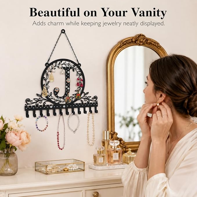 Wall-Mounted Metal Initial Letter J Earring Holder Hanging Jewelry Organizer for Earrings and Necklaces Space-Saving Wall Display with Hooks for Jewelry Storage
