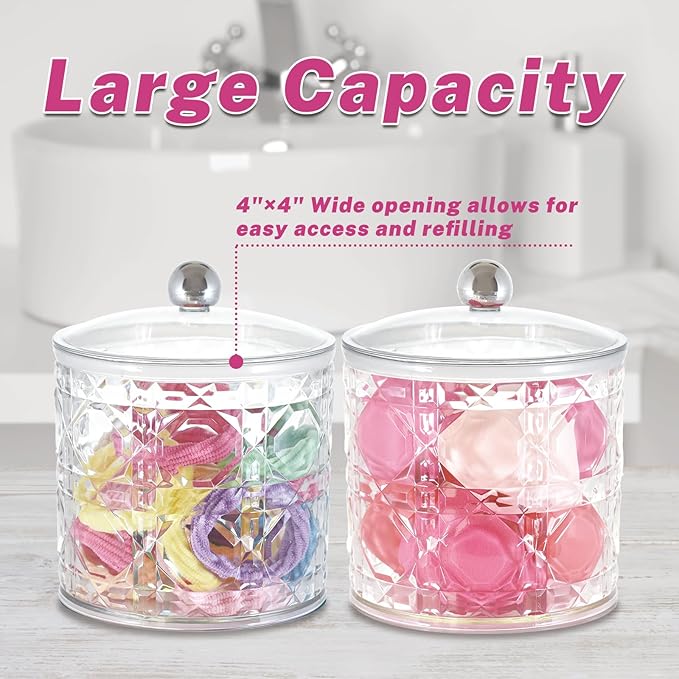 2-Pack Scrunchies Holder, 20oz Qtip Holder, Plastic Bathroom Canisters, Elegant Vanity Storage Containers for Hair Accessories & Beauty Supplies