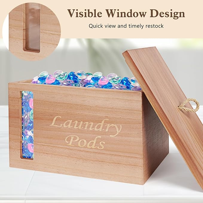 2 Pcs Wood Laundry Pods Container & Dryer Sheet Holder, Solid Pine Laundry Sheet Container Dispenser with Visible Window for Laundry Accessories, Farmhouse Decor for Laundry Room Refresh(Walnut Brown)