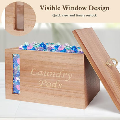 2 Pcs Wood Laundry Pods Container & Dryer Sheet Holder, Solid Pine Laundry Sheet Container Dispenser with Visible Window for Laundry Accessories, Farmhouse Decor for Laundry Room Refresh(Walnut Brown)