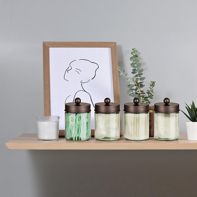3 Pack Apothecary Jar Canisters Bathroom Vanity Organizer - Qtip Holder Storage Organizer Set Countertop Canister with Stainless Steel Lids &Cute Stickers for Qtips,Cotton Swabs,Makeup Sponges,Floss