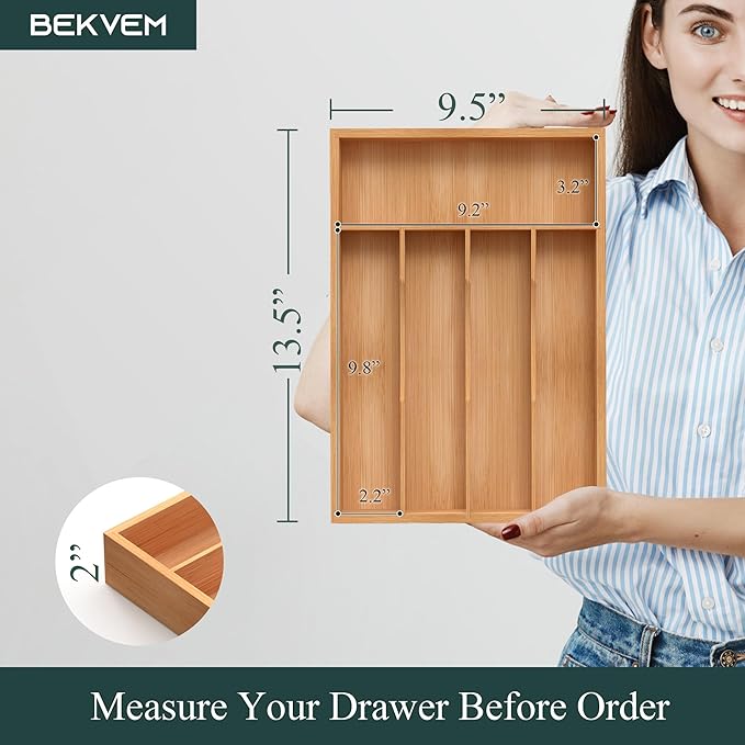Bamboo Silverware Organizer, Kitchen Drawer Organizer, Utensil Holder, Cutlery Tray & Spoon Flatware Storage with Grooved Drawer Dividers (9.5''W x 13.5''D)