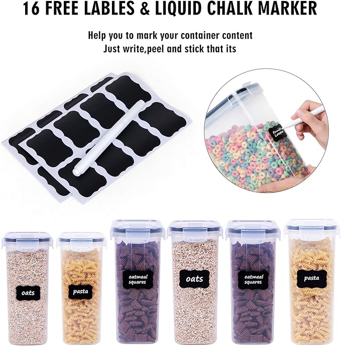 FOOYOO Cereal Containers Storage Set - 6 Piece Airtight Large Dry Cereal Storage Containers(4 * 4L+2 * 2.5L), BPA Free Dispenser Plastic Cereal Storage Containers with 16 Labels & Pen