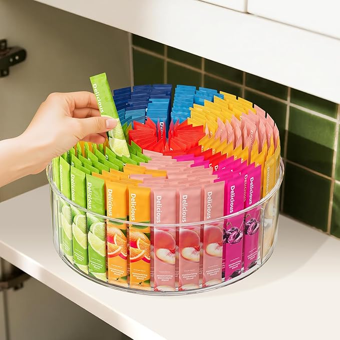 Divided Drink Packet Organizer, Largr Rotating Clear Lazy Susan Turntable for Powdered Drink Mix, Water Drink Packet Holder, Water Flavor Packet, Coffee, Tea – Space-Saving Countertop Organizer