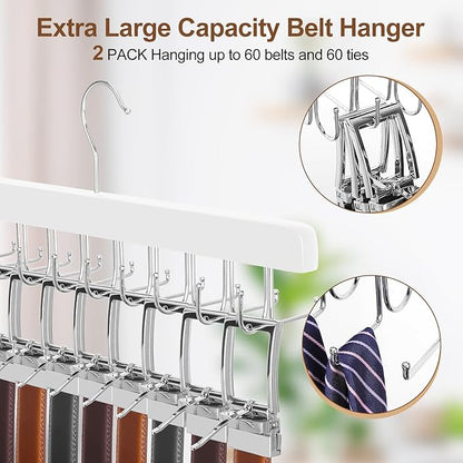 TOPIA HANGER 2 Pack 2 in 1 Belt Tie Hanger for Closet Max 60 Belts with 60 Ties Capacity, 40 Hooks Belt Tie Racks Wooden Hanger for Closet Organizer Storage “U” Fit Belt and “一” Fit Tie - CT52W