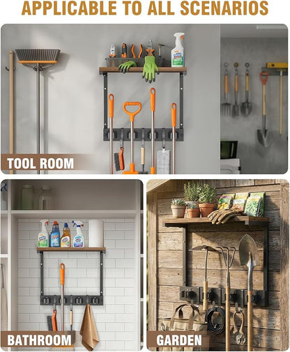 Supforce Broom Holder Wall Mount with Top Wooden Shelf, Heavy Duty Metal Cleaning Supplies Broom Hanger with 4 Slots & 3 Hooks for Laundry Garage Tool Storage Kitchen (Small)