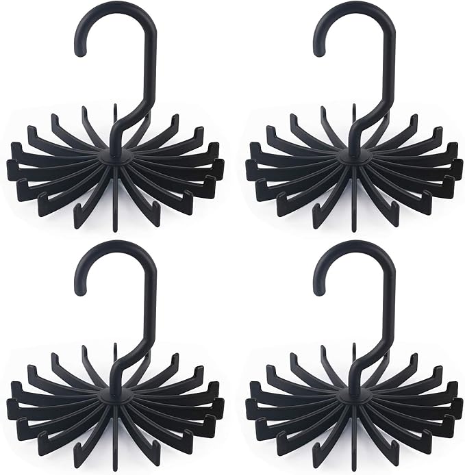 BigOtters 4 Pack Updated Twirl Tie Rack, 5.3 Inches Large Size Rotating Belt Scarf Hanger Holder Hook for Closet Storage (Black)